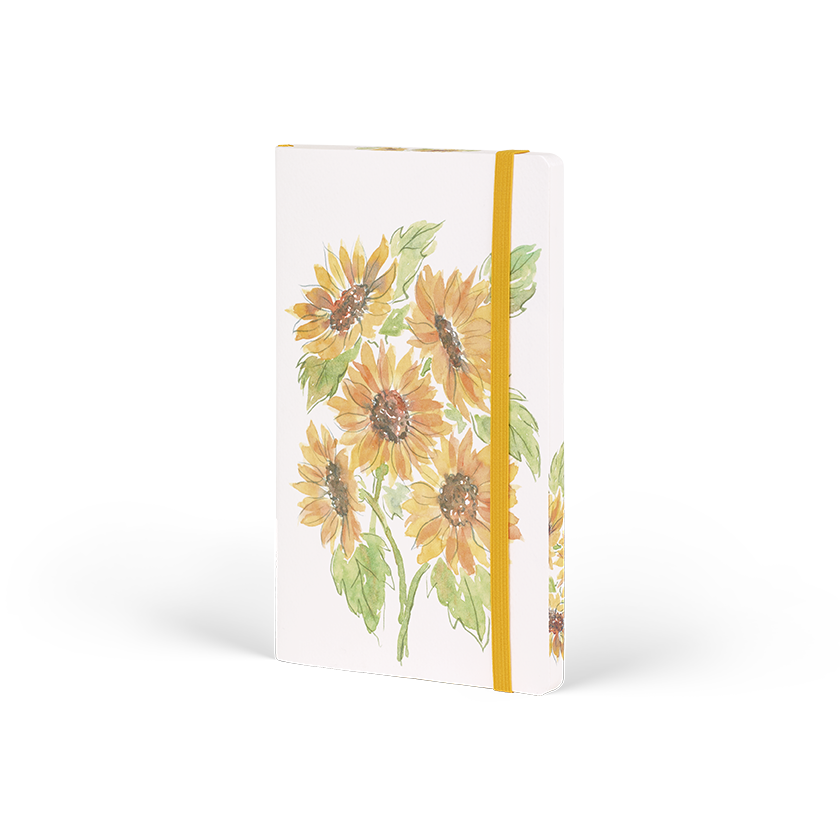 Notebook with sunflower design and 'Castelli' branding on a white background